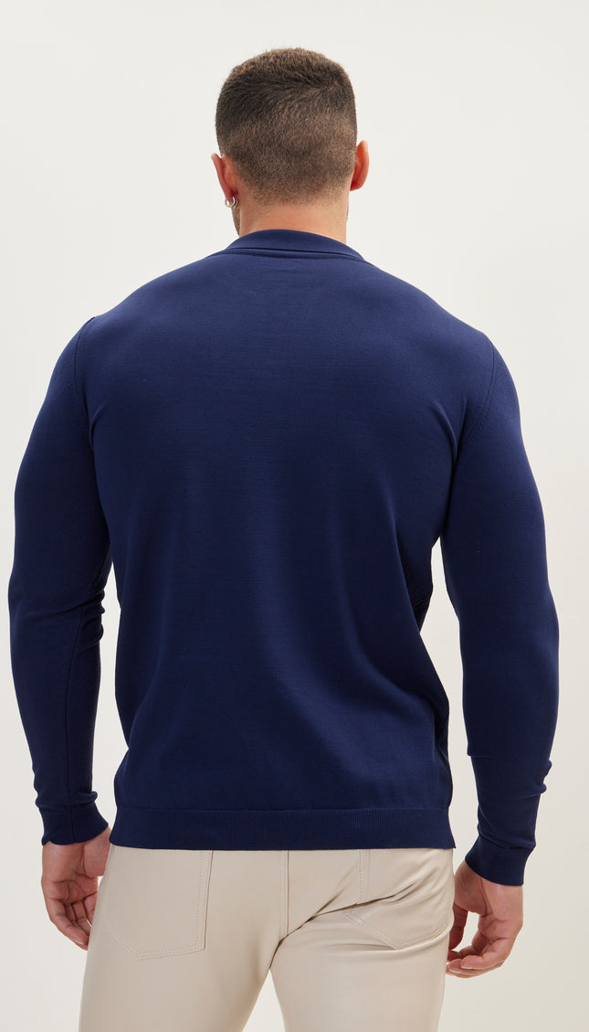 Johnny-Collar Sweater Polo - Navy