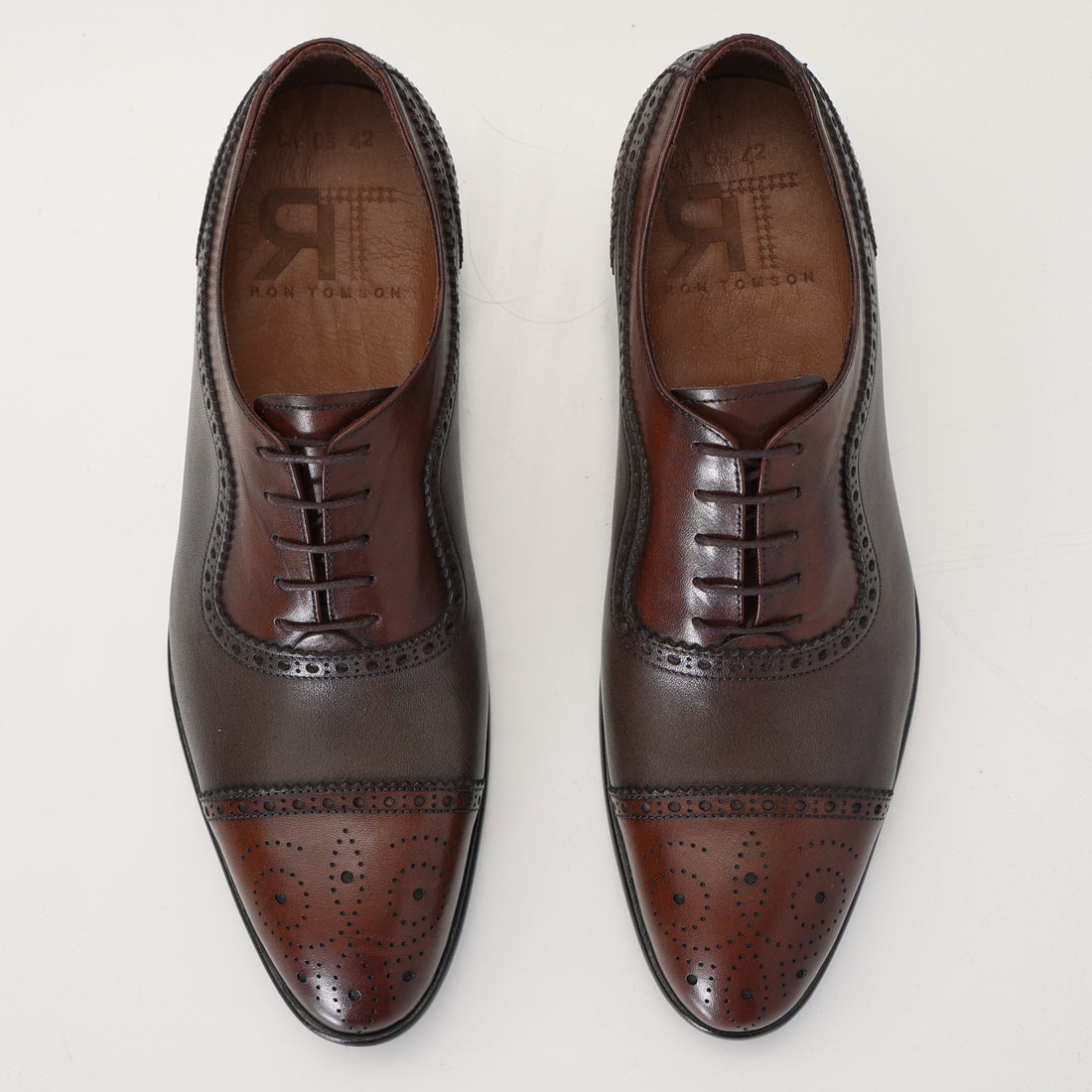 N° CA03 Hand Made Full Brogue LEATHER CAP TOE DERBY SHOES - BROWN & Green