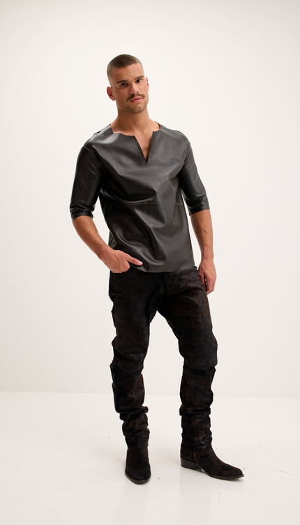 The Lambskin Leather Three Quarter V Neck Shirt  - Dark Brown