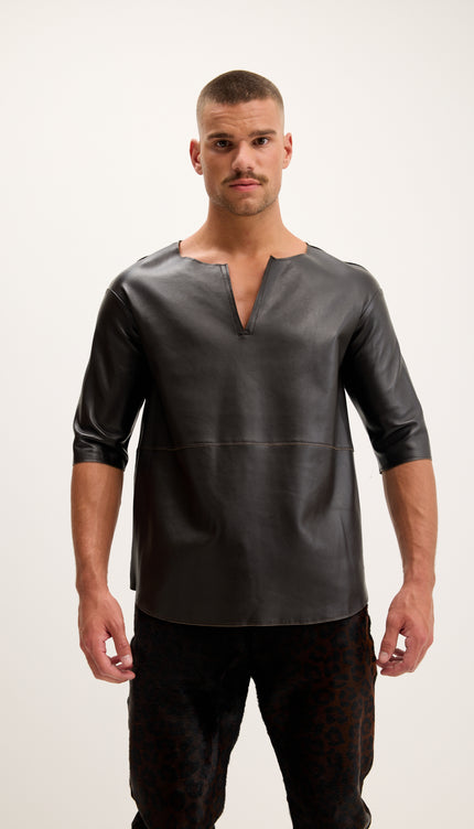 The Lambskin Leather Three Quarter V Neck Shirt  - Dark Brown