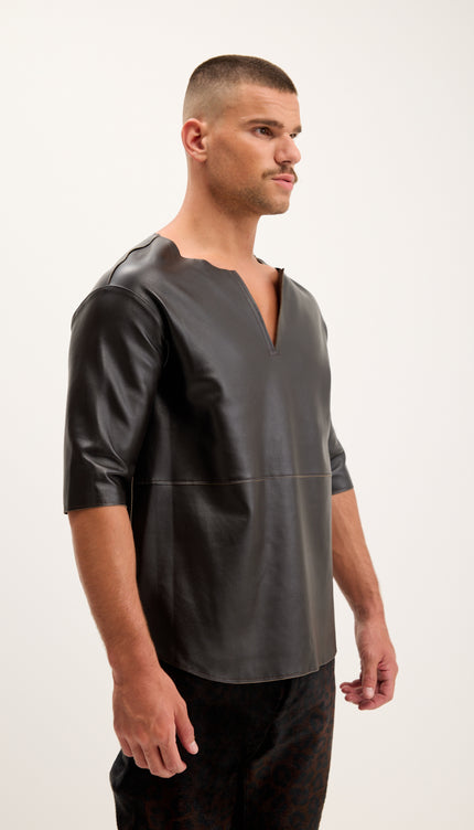 The Lambskin Leather Three Quarter V Neck Shirt  - Dark Brown