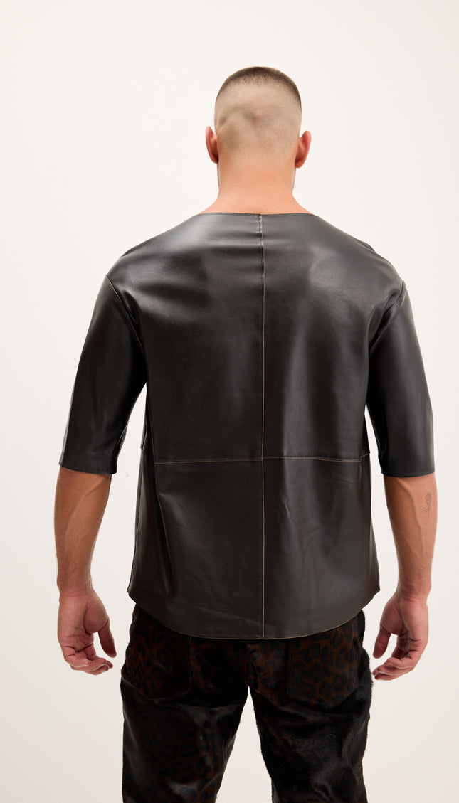 The Lambskin Leather Three Quarter V Neck Shirt  - Dark Brown