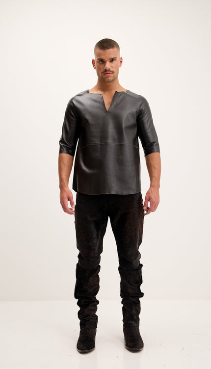 The Lambskin Leather Three Quarter V Neck Shirt  - Dark Brown