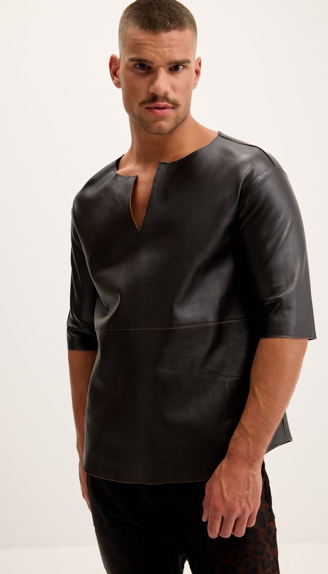 The Lambskin Leather Three Quarter V Neck Shirt  - Dark Brown