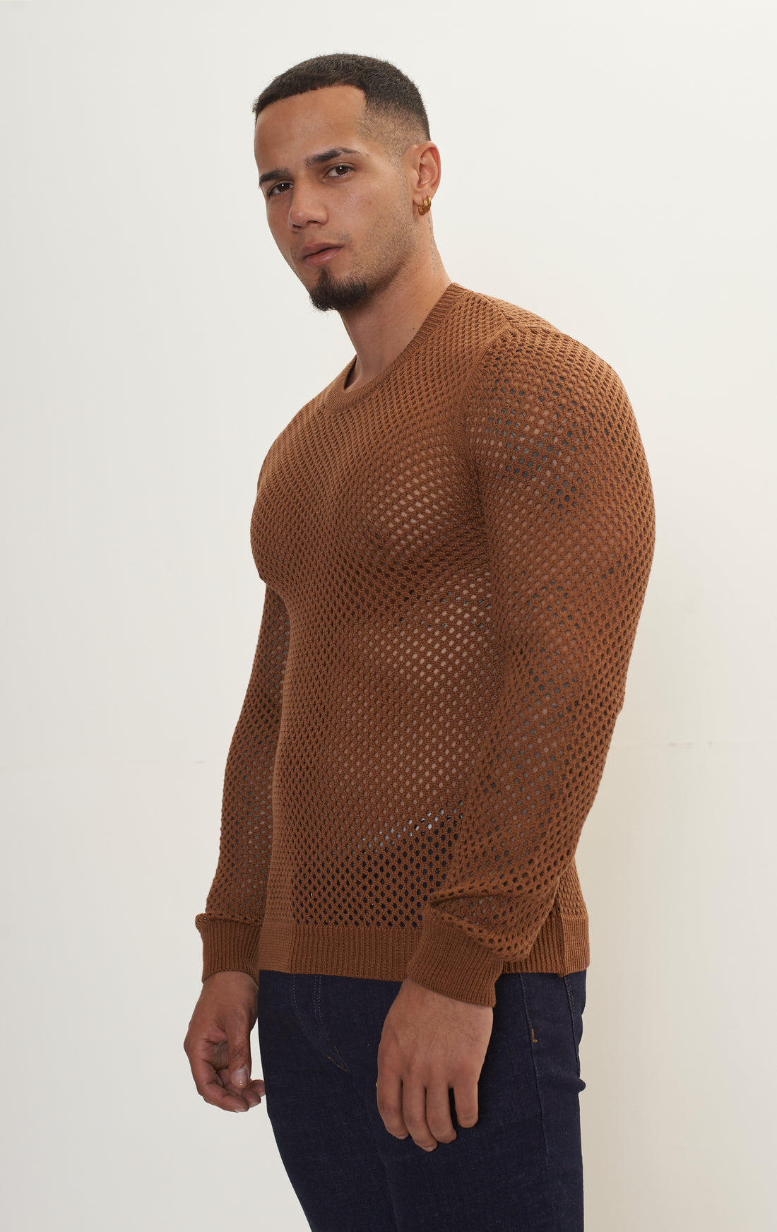 See Through Fishnet Muscle Fit Shirt - Light Brown