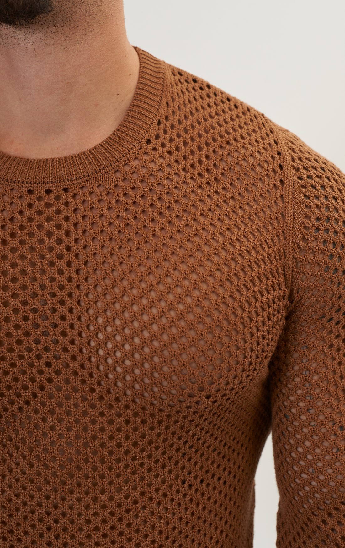 See Through Fishnet Muscle Fit Shirt - Light Brown