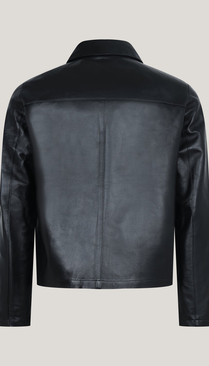 Lambskin Leather Zippered Trucker Jacket - Black
