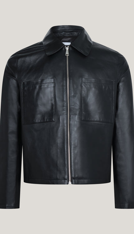 Lambskin Leather Zippered Trucker Jacket - Black