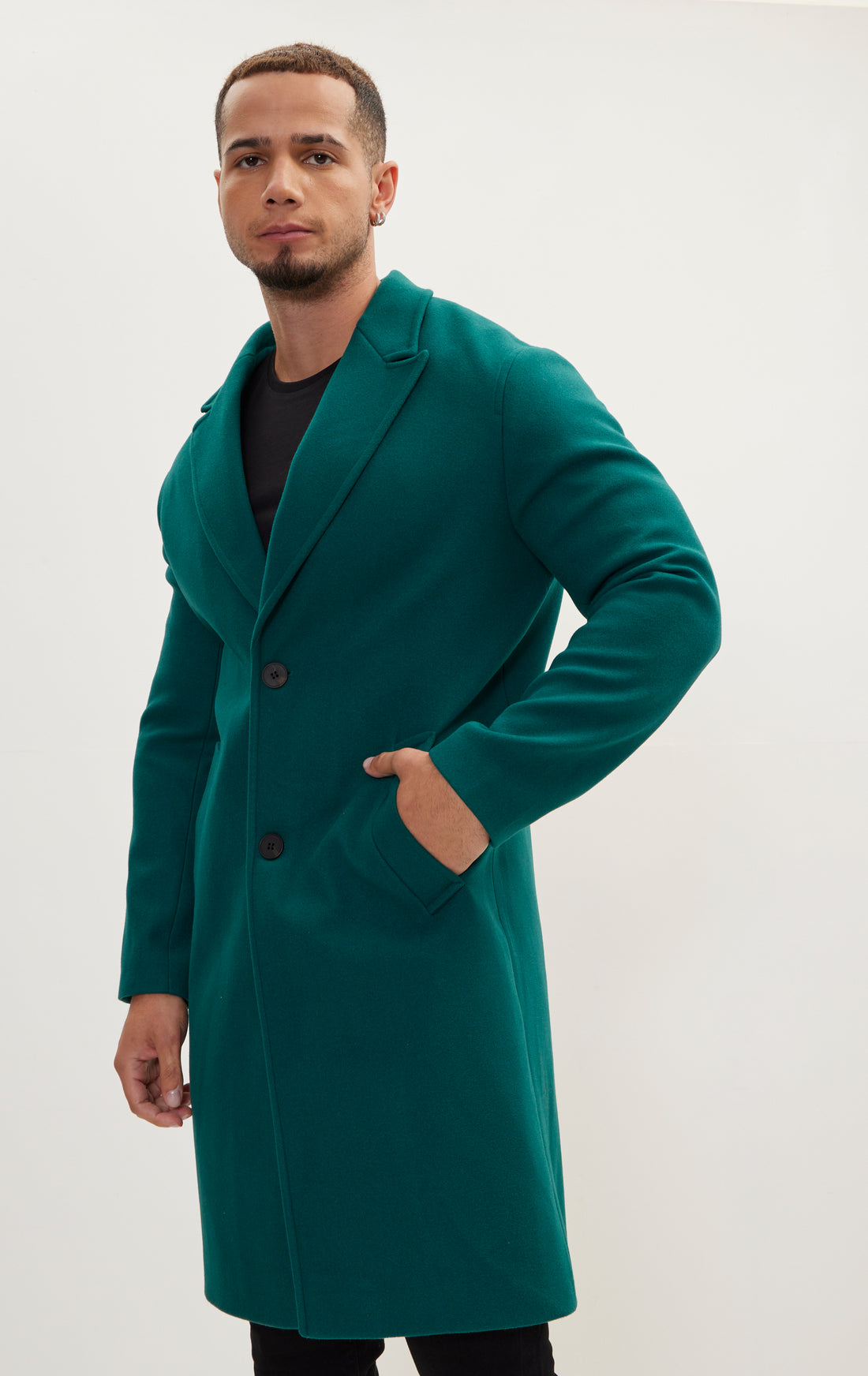 Long Fitted Pea Coat With Notch Lapel - Dark Green