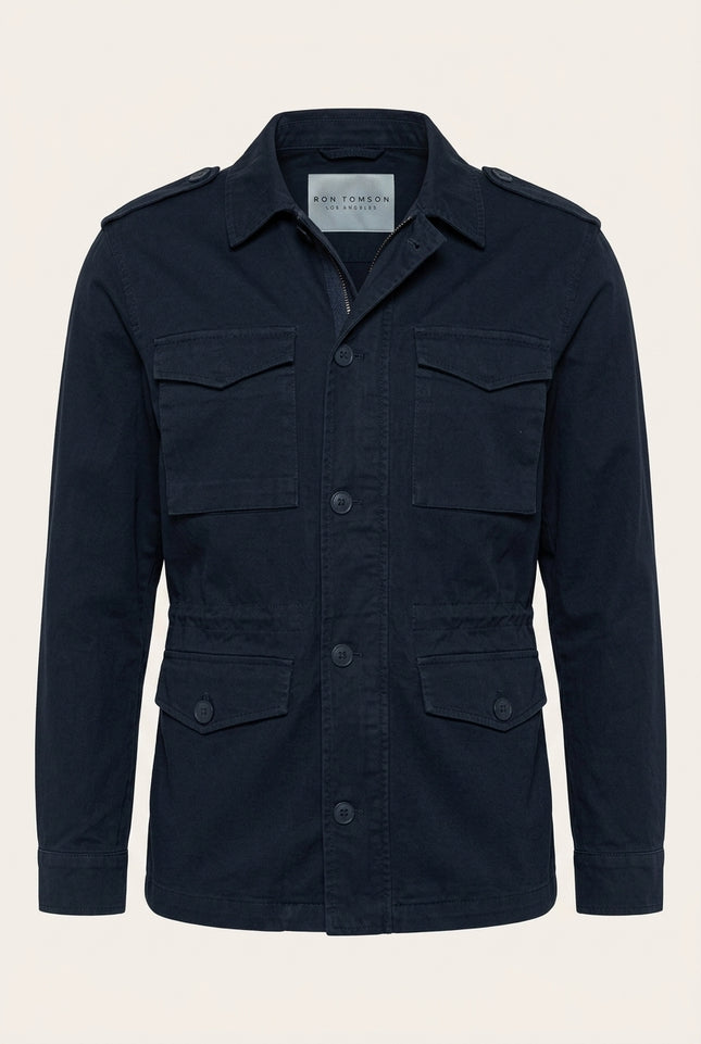 Adjustable Waist Cotton Utility Jacket - Navy - Front