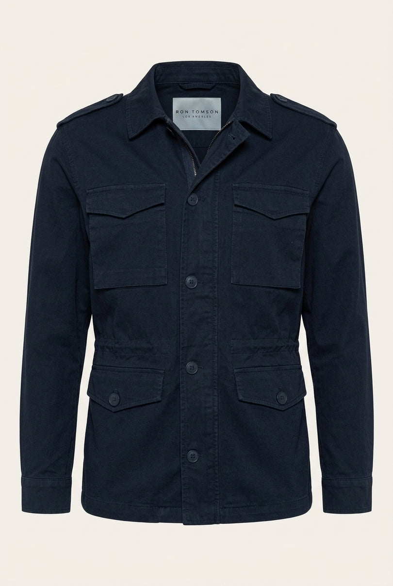 Adjustable Waist Cotton Utility Jacket - Navy - Front