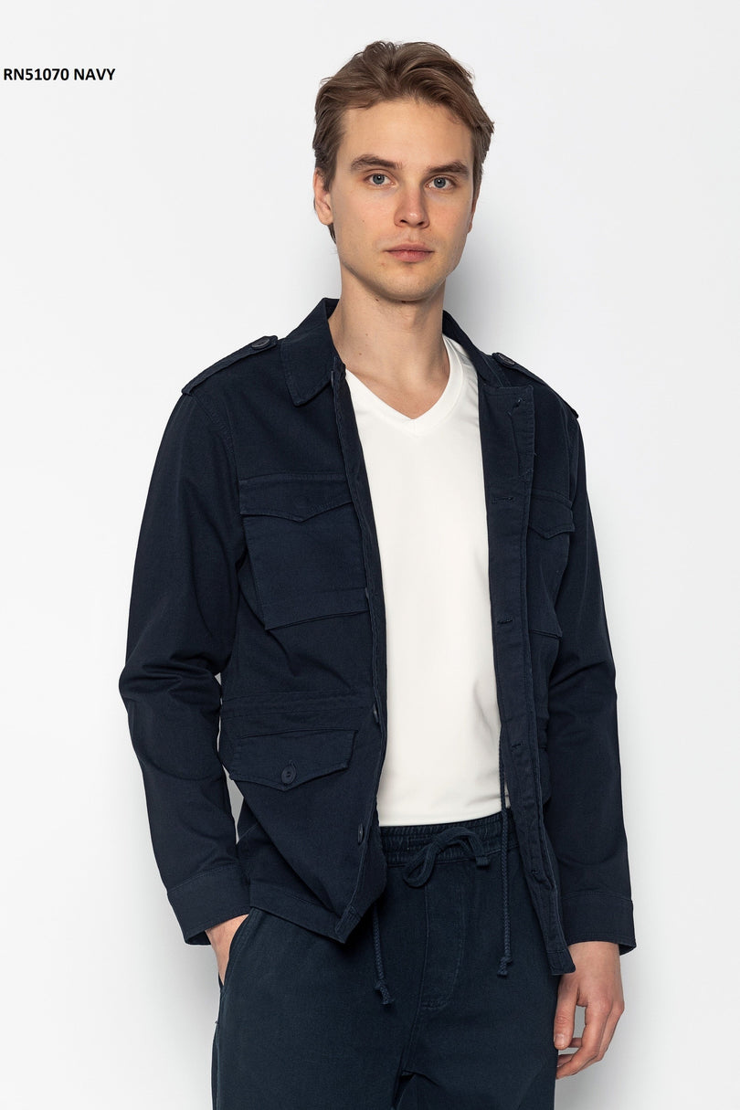 Adjustable Waist Cotton Utility Jacket - Navy