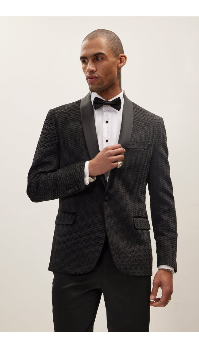 All Over Quilted Shawl Lapel Tuxedo Jacket - Black - Ron Tomson