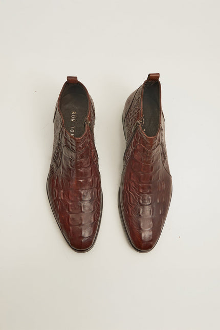 Alligator Embossed Leather Demi Boots - Brown - Ron Tomson