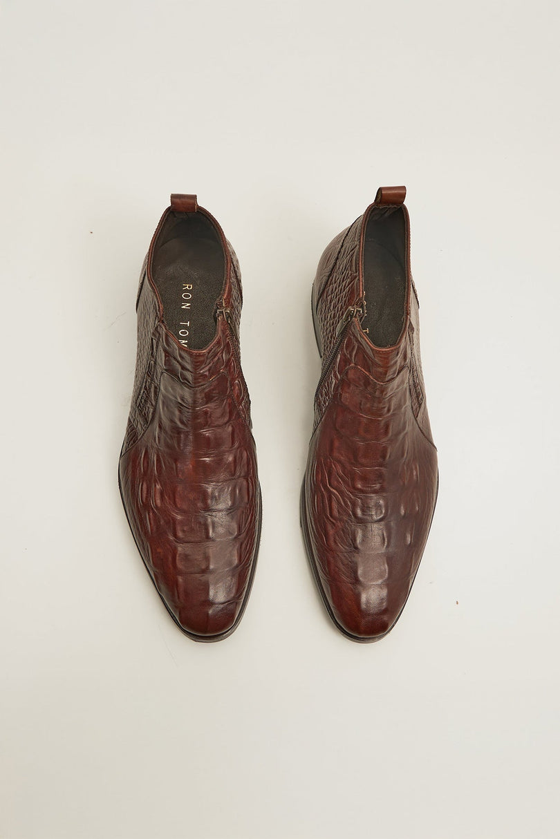 Alligator Embossed Leather Demi Boots - Brown - Ron Tomson