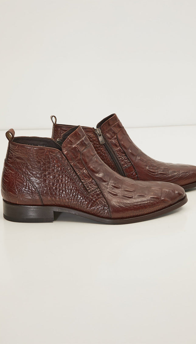 Alligator Embossed Leather Demi Boots - Brown - Ron Tomson