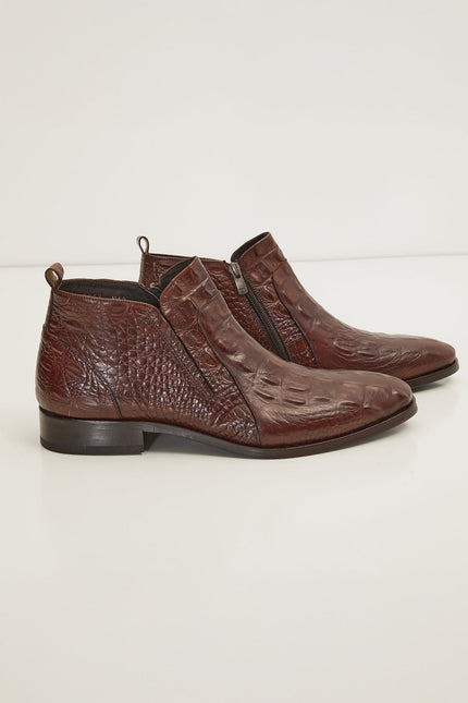 Alligator Embossed Leather Demi Boots - Brown - Ron Tomson