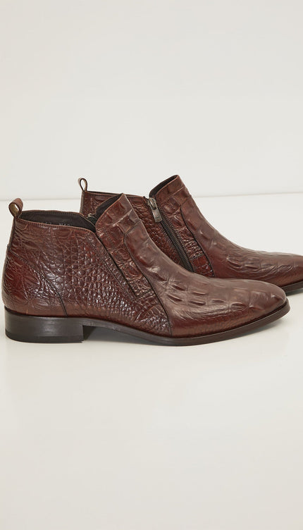 Alligator Embossed Leather Demi Boots - Brown - Ron Tomson