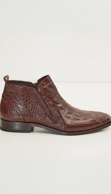 Alligator Embossed Leather Demi Boots - Brown - Ron Tomson