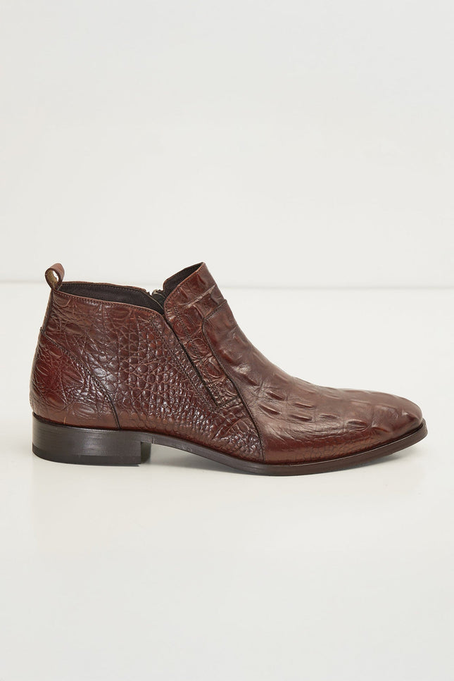 Alligator Embossed Leather Demi Boots - Brown - Ron Tomson