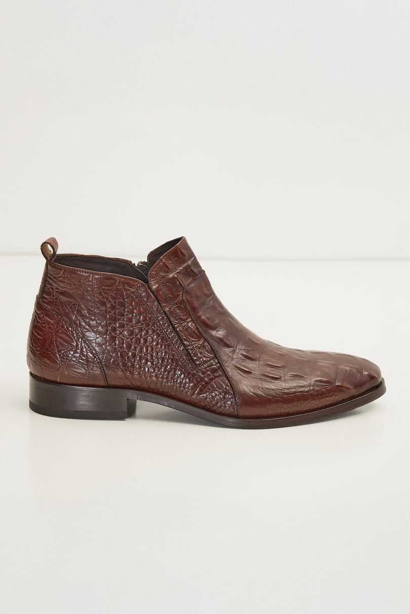 Alligator Embossed Leather Demi Boots - Brown - Ron Tomson