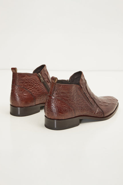 Alligator Embossed Leather Demi Boots - Brown - Ron Tomson