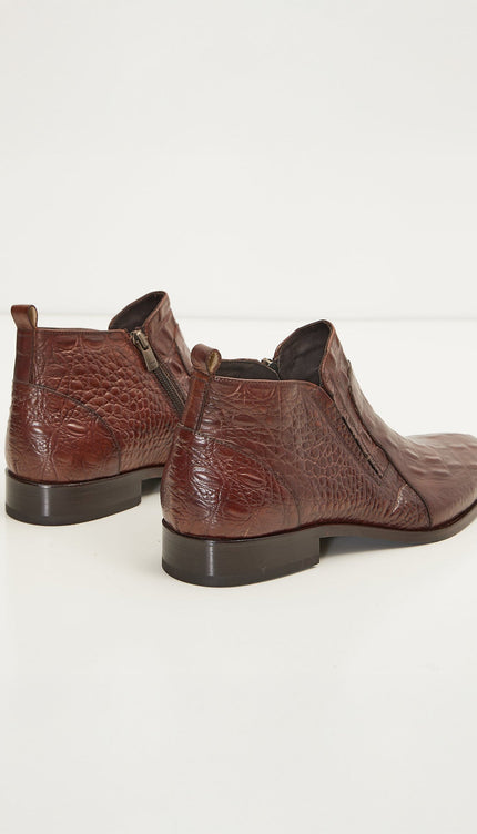 Alligator Embossed Leather Demi Boots - Brown - Ron Tomson