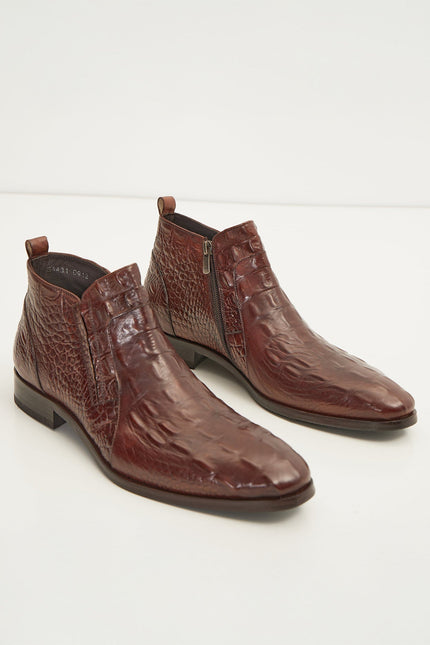 Alligator Embossed Leather Demi Boots - Brown - Ron Tomson