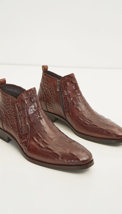 Alligator Embossed Leather Demi Boots - Brown - Ron Tomson