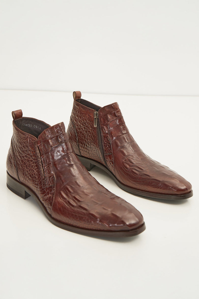 Alligator Embossed Leather Demi Boots - Brown - Ron Tomson