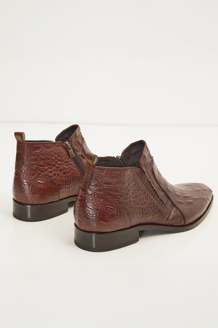 Alligator Embossed Leather Demi Boots - Brown - Ron Tomson