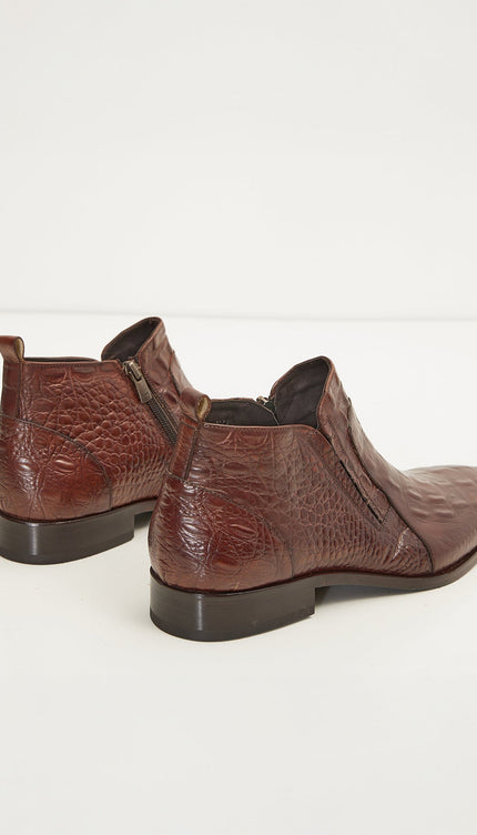 Alligator Embossed Leather Demi Boots - Brown - Ron Tomson