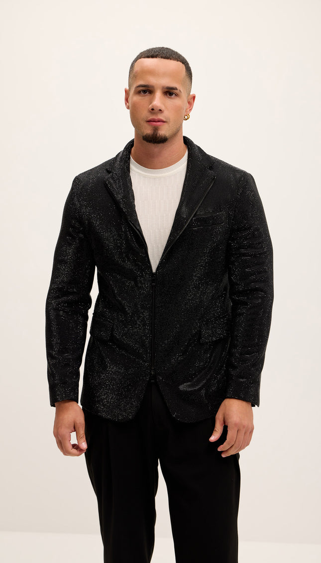 Allover Crystal Embellished Zipper - End Blazer - Black - Ron Tomson