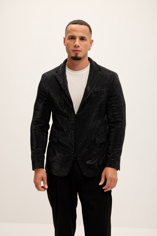 Allover Crystal Embellished Zipper - End Blazer - Black - Ron Tomson