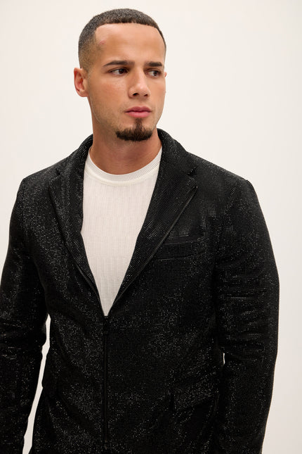 Allover Crystal Embellished Zipper - End Blazer - Black - Ron Tomson
