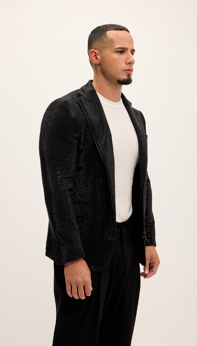 Allover Crystal Embellished Zipper - End Blazer - Black - Ron Tomson