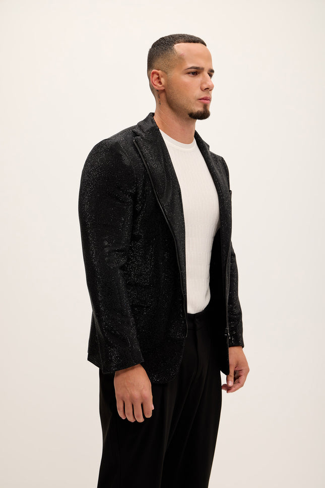 Allover Crystal Embellished Zipper - End Blazer - Black - Ron Tomson