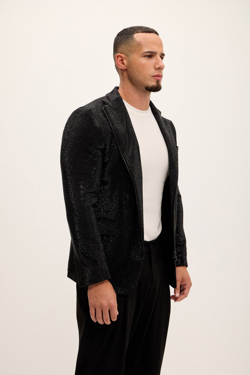 Allover Crystal Embellished Zipper - End Blazer - Black - Ron Tomson