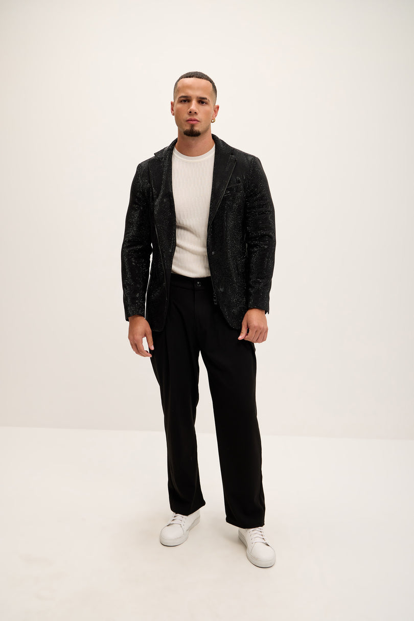 Allover Crystal Embellished Zipper - End Blazer - Black - Ron Tomson