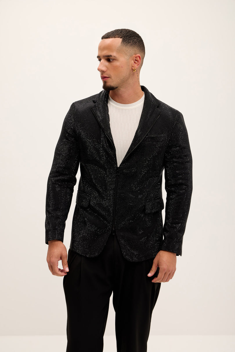 Allover Crystal Embellished Zipper - End Blazer - Black - Ron Tomson