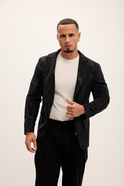 Allover Crystal Embellished Zipper - End Blazer - Black - Ron Tomson
