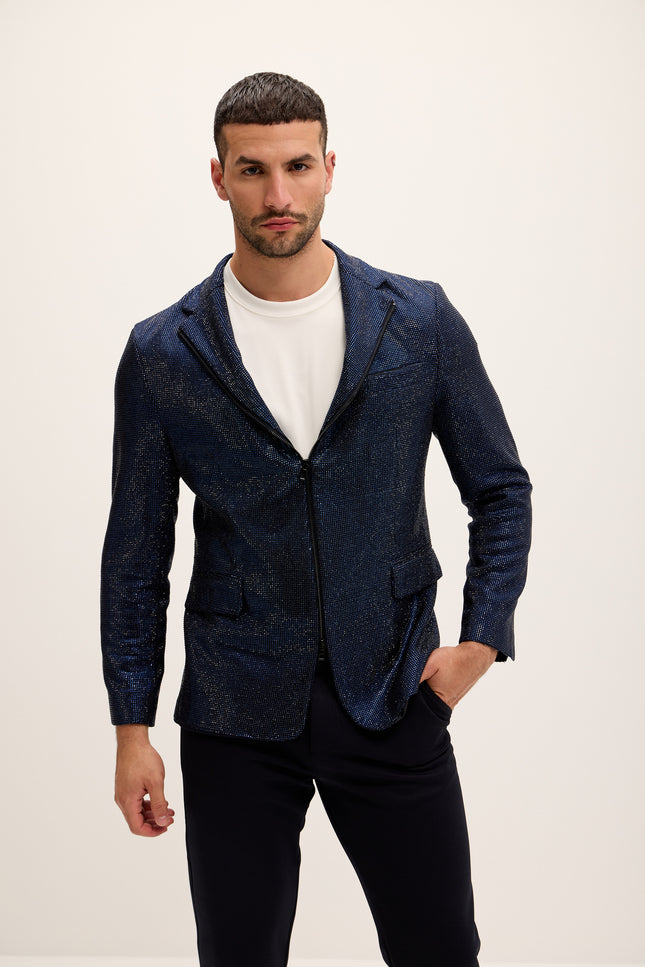 Allover Crystal Embellished Zipper - End Blazer - Navy - Ron Tomson