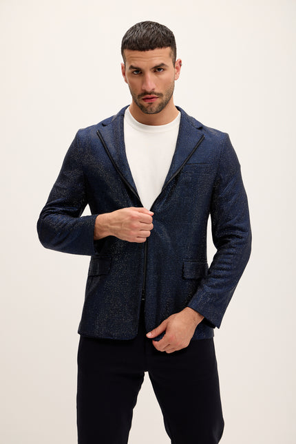 Allover Crystal Embellished Zipper - End Blazer - Navy - Ron Tomson