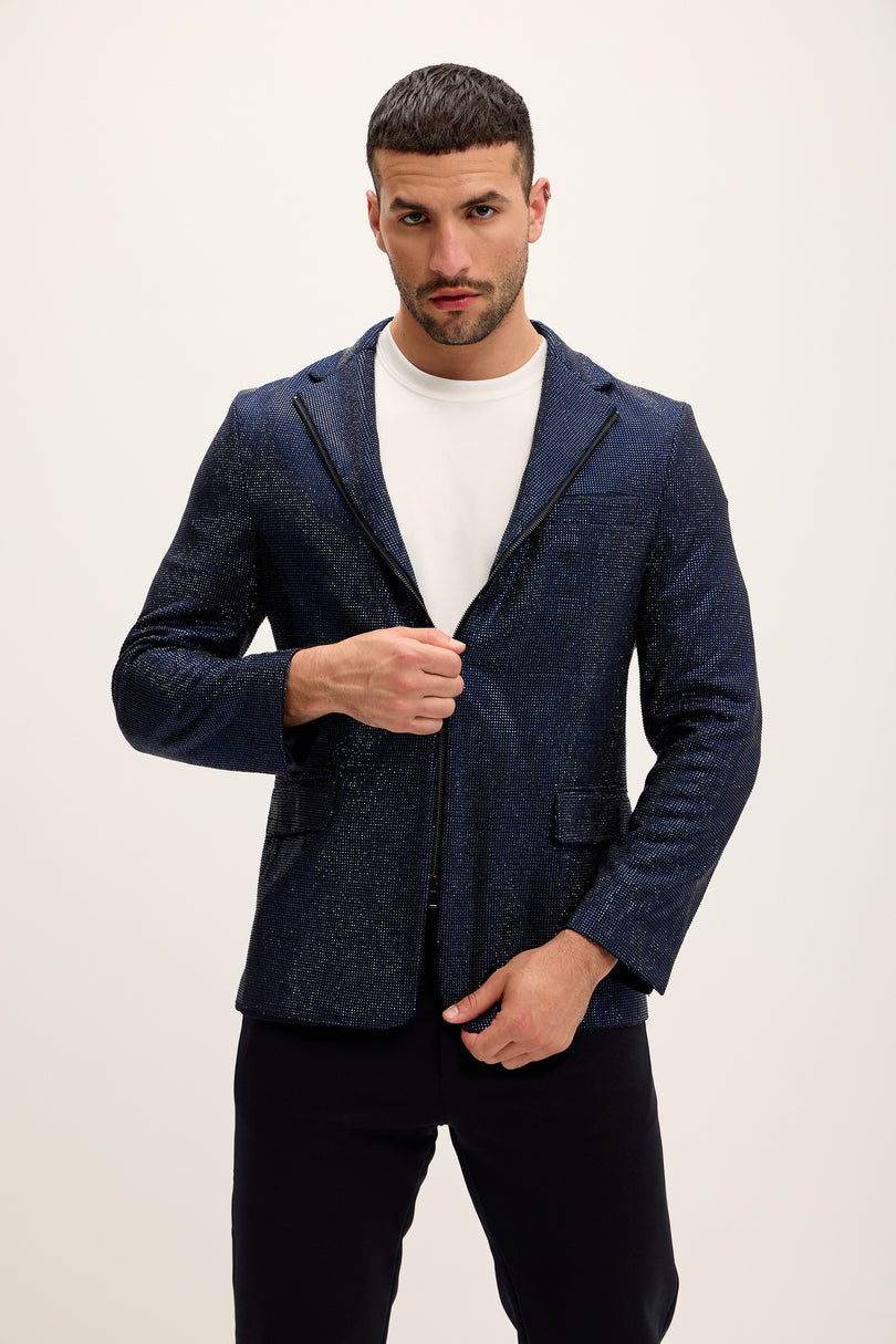 Allover Crystal Embellished Zipper - End Blazer - Navy - Ron Tomson