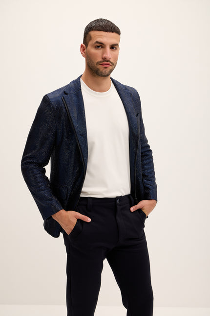 Allover Crystal Embellished Zipper - End Blazer - Navy - Ron Tomson