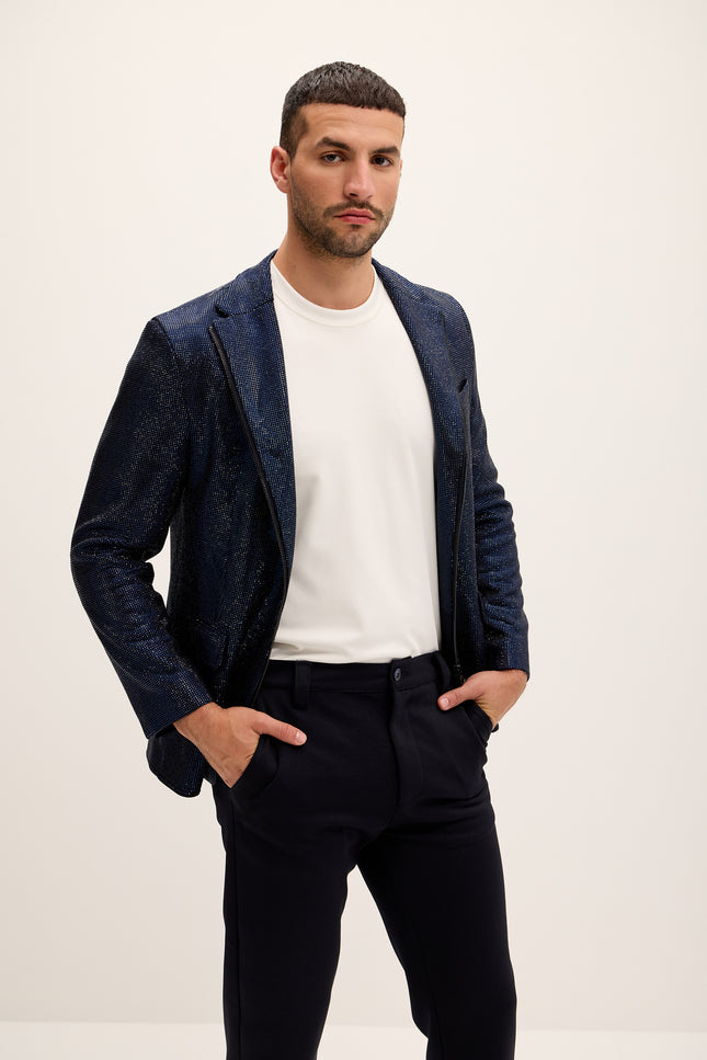 Allover Crystal Embellished Zipper - End Blazer - Navy - Ron Tomson