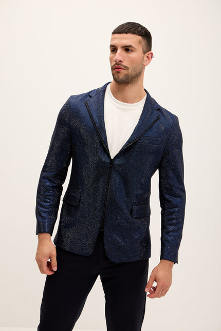 Allover Crystal Embellished Zipper - End Blazer - Navy - Ron Tomson