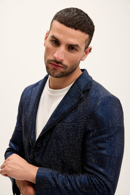 Allover Crystal Embellished Zipper - End Blazer - Navy - Ron Tomson