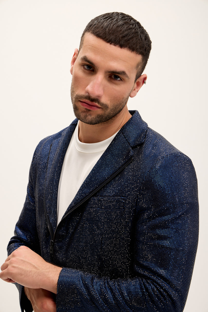 Allover Crystal Embellished Zipper - End Blazer - Navy - Ron Tomson