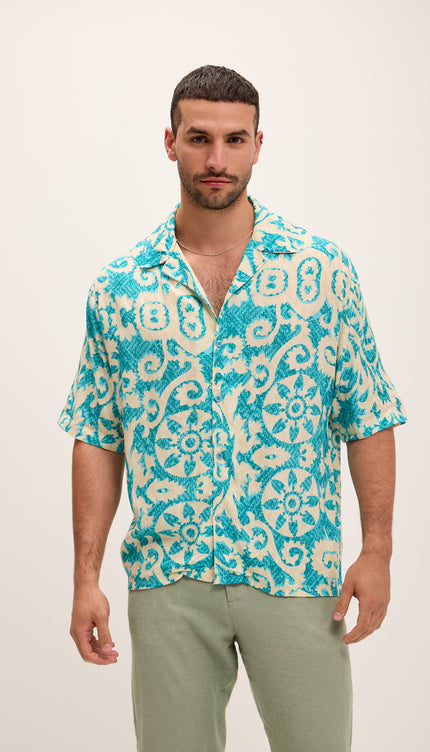 Allover Floral Pattern Oversized Relaxed Shirt - Blue - Ron Tomson